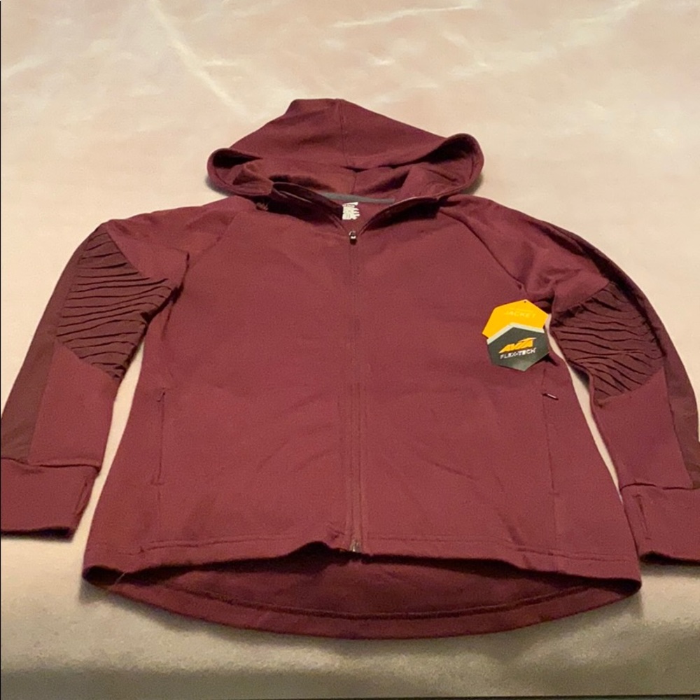 Burgundy performance zip hooded jacket.